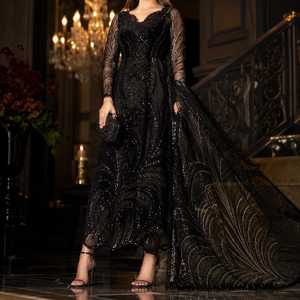 Black <b>Red</b> Embroidered Formal Evening Gown Suit for Women Designer Party Wear Floor-Length Dress <b>Sequins</b> Sheer Sleeves Indian - Product Image 2