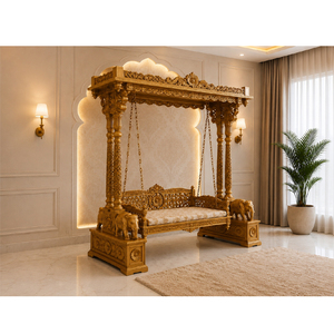 Jhula de madera de teca tallada a mano Maharaja con base de elefante, Oonjal de madera de teca de élite para interiores con pilares dobles tallados, Jhoola para el hogar - Product Image 1
