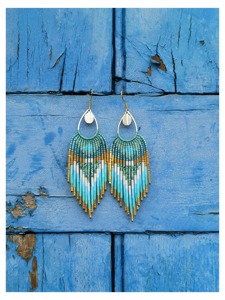 Pendientes Largos Bohemios con Flecos de Cuentas, Hechos con Micromacramé y Cuentas Miyuki, Turquesa, Patrón Colorido, Regalo para Mujer, Estilo Fiesta - Product Image 4