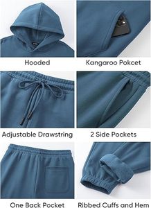 Ensemble de survêtement bleu à capuche pour homme 100 % coton, décontracté, couleur unie, respirant, poids moyen, pour l'automne - Product Image 4