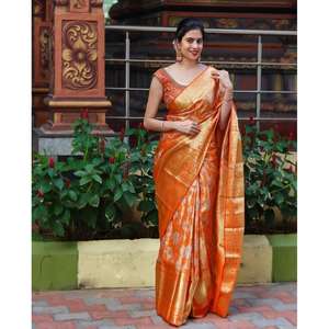 ผ้าไหมนิ่ม Banarasi เสื้อเบลาส์สีส้มสำหรับปาร์ตี้ส่าหรี - Product Image 1