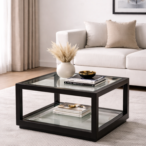 Table basse moderne en verre avec cadre en métal noir carré, double niveau, pour le salon - Product Image 1