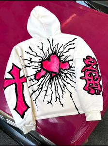 Men's White Hooded Sweatshirt Oversized Streetwear Print Angel Cross <b>Heart</b> Design Regular Sleeve Knitted Cotton Autumn Wear - Product Image 2