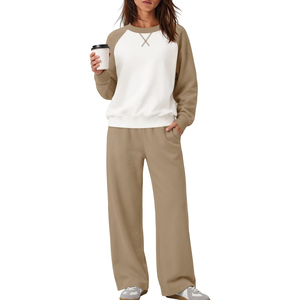 Conjunto de 2 piezas para mujer al por mayor: Sudadera con bloques de color y pantalón largo, cuello redondo, mangas raglán, ajuste regular, atuendo casual. - Product Image 3