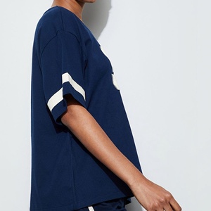 T-shirt en coton et élasthanne pour femme, 180 GSM, motif graphique athlétique, épaules tombantes, bleu marine, fabricant de vêtements - Product Image 2