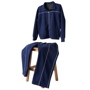 Ensemble de survêtement pour homme personnalisé avec logo, léger, respirant, en coton, coupe ample, deux pièces, veste à fermeture éclair marine, pantalon de survêtement à jambes larges - Product Image 1