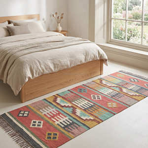 Alfombra Kilim de color crema natural, tejido texturizado, antideslizante, de pelo bajo, para decoración del hogar, hecha en India. - Product Image 4
