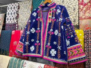 Handcrafted Boho Embroidered Velvet Suzani Quilted Jacket for <b>Women</b> Cotton Breathable Outerwear - Product Image 3