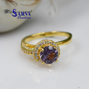 Alexandrite 925 Sterling Silver Gold Plated Halo <b>Ring</b> with <b>Cubic</b> <b>Zirconia</b> Accents Elegant Women Engagement <b>Wedding</b> Jewelry Gift - Product Image 6