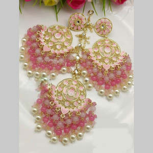 Gold Plated Kundan Stone and <b>Beads</b> Meenakari Dangler Earrings with Maangtikka Fine Jewelry <b>Sets</b> - Product Image 1