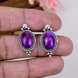 Purple Copper Turquoise 925 <b>Sterling</b> <b>Silver</b> Oval <b>Stud</b> Earrings Statement Boho Jewelry - Product Image 3
