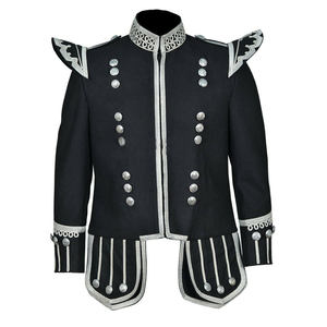 Veste de style militaire noire pour homme, avec bordure tressée dorée, col montant, manches longues, fermeture boutonnée, détails brodés, laine et coton - Product Image 3