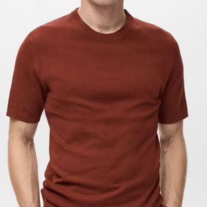 T-shirt à manches courtes en tricot pour homme, col rond, couleur unie, coupe ajustée, vêtements décontractés, rouge brun, coton de haute qualité, design uni - Product Image 3