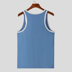 <b>Men's</b> Casual Solid Blue Tank Top with <b>White</b> Contrast Trim Sleeveless Summer <b>Vest</b> - Product Image 2