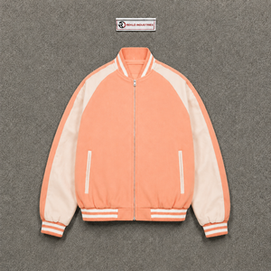 Blouson universitaire décontracté en laine pêche avec fermeture éclair frontale, doublure polaire, coupe régulière, col rabattable, style urbain, vente en gros - Product Image 5