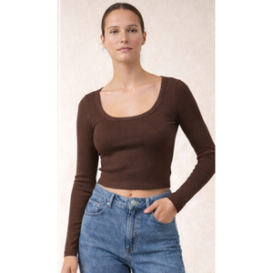 Top Corto de Manga Larga Acanalado para Mujer, Tejido Suave y Elástico, Cuello Redondo, para Uso Casual, Combinación en Capas, Salidas Chic - Product Image 4