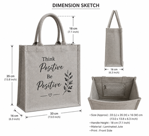 <b>Think</b> Positive Be Positive Jute Tote Bag Medium Size Hand Length Handle Daily Use Shopping Bag - Product Image 2