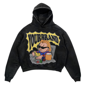 Sweat à capuche femme délavé à l'acide 420 GSM en molleton de coton et polyester premium noir, coupe oversize, avec impression graphique en relief et sérigraphie, logo personnalisé - Product Image 1