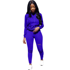 Ensemble de survêtement pour femme, sweat-shirt à capuche bleu marine, manches longues, couleur unie, style sportif, leggings déchirés, coupe ajustée, toutes saisons - Product Image 3