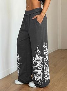Mid Waist Straight <b>Pants</b> Women Gray Solid Breathable Cotton-Polyester Loose Fit Elastic Waist <b>Y2K</b> Style Full Length Trousers - Product Image 3