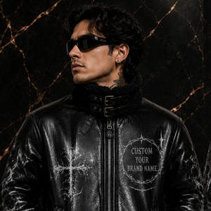 Custom Men's Black Leather Biker <b>Jacket</b> With Cross Print <b>Sherpa</b> <b>Lined</b> Winter Moto <b>Jacket</b> Zipper Closure For Unisex - Product Image 3