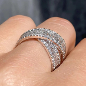 Iced Out Baguette Moissanite Diamond Criss Cross Engagement Wedding Hip Hop Crossover <b>Statement</b> <b>Ring</b> 925 Sterling <b>Silver</b> Jewelry - Product Image 3