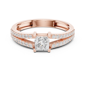 Anillo de compromiso con diamante talla princesa y banda dividida en oro rosa de 18k con doble banda pavé, elegante joyería nupcial - Product Image 4