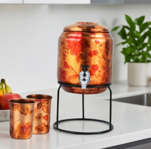 Fontaine à eau artisanale en cuivre avec couvercle en cuivre et motif floral, distributeur d'eau pour usage domestique - Product Image 1