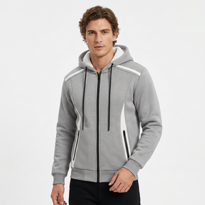 Men's Gray Hooded <b>Zipper</b> <b>Sweatshirt</b> Regular Fit Casual Polyester Solid Color Autumn Wear - Product Image 5