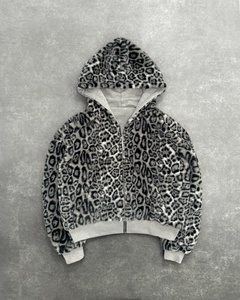 Reversible Heavyweight Zip Up Hoodie Faux Fur Leopard Print Grey Fleece Jacket Cross Zipper <b>Puller</b> Minimalist Chest Text Hoodie - Product Image 3