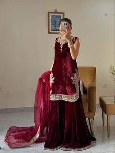 Indian Bollywood Women's Wedding Wear Designer Viscose Velvet Suit Embroidery Chine Sequences Work <b>Top</b> Palazzo <b>Net</b> Dupatta - Product Image 2
