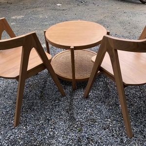 Teak Garden Set Round <b>Table</b> and Chairs Outdoor Patio Furniture Scandinavian Style Weather Resistant Solid Wood Seating - Product Image 2