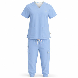 DRAVELLE Ensemble de blouses bleu clair pour femmes, haut à col en V avec poches et pantalon cargo, uniformes d'hôpital - Product Image 1