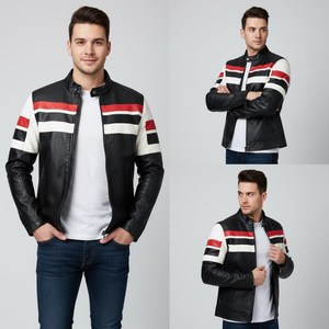 Veste en cuir classique pour homme, style motard, en cuir de vache véritable, fermeture éclair métallique, logo sur le devant, écologique, imperméable - Product Image 6