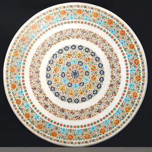 Handcrafted White Marble Inlay Round <b>Table</b> Top with Floral Pietra Dura Design for <b>Coffee</b> & Dining <b>Table</b> - Product Image 1