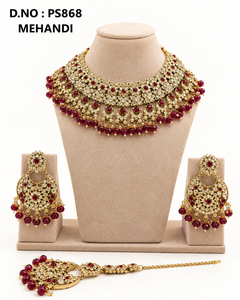 Chandbali Motif Antique Gold Plated Broad Choker Necklace <b>Set</b> With Earrings & Mang Tika Floral Fashion <b>Jewellery</b> <b>Set</b> For Wedding - Product Image 5
