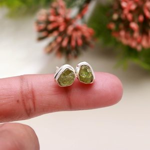 Raw <b>Peridot</b> Stud <b>Earrings</b> 925 Sterling Silver Handmade Natural Gemstone Jewelry - Product Image 1