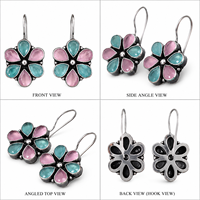 Boucles d'oreilles pendantes florales en argent oxydé |   Boucles d'oreilles pendantes en pierre bicolore |   Bijoux faits à la main pour femmes, style bohème, pour cadeau |   Vente en gros