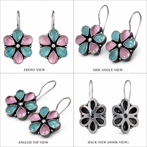 Oxidized Silver Floral Drop <b>Earrings</b> | Dual Color Stone Dangle <b>Earrings</b> | Handmade Boho Women's Jewelry for Gift | Wholesale - Product Image 1