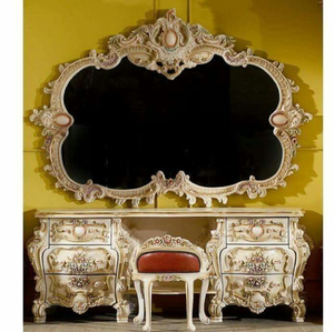 Regal white and gold carved wooden console <b>dressing</b> <b>table</b> with ornate frame mirror, available at wholesale prices. - Product Image 3