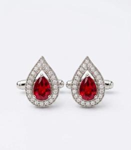 <b>Ruby</b> Red Teardrop Crystal <b>Cufflinks</b> Silver Tone Halo Cuff Links Luxury Men's Wedding Business Formal Jewelry Gift - Product Image 2