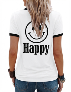 Women's Summer Casual Short Sleeve Ringer T-Shirt White Black Contrast Trim Crew Neck Be Happy for Face Graphic Print 100% - Product Image 2