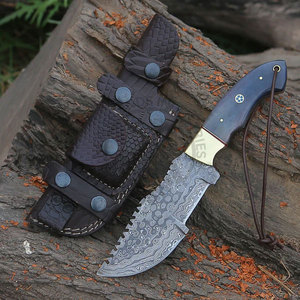 Couteau de chasse tendance en acier de Damas, lame Tracker, manche en bois de corne de bison, lame fixe ambidextre 6 pouces, couteau de survie extérieur - Product Image 2