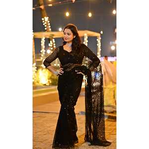 FB Designer Mujer Black Party Wear Saree con Secuencia e Hilo Trabajo Elegante Conjunto Talla M - Product Image 1