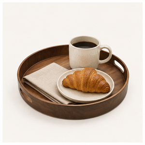 Handmade <b>Round</b> <b>Walnut</b> Wood Serving Tray With Handles Large Decorative Ottoman Tray For <b>Coffee</b> <b>Table</b> Breakfast Serving Platter - Product Image 2