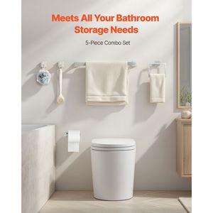 Set di Accessori per Bagno in Acciaio Inox Spazzolato di Qualità Alberghiera, 5 Pezzi, con Portasciugamani da 60 cm e Ganci per Accappatoi - Product Image 2