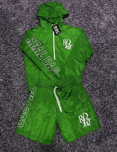 Ensemble de survêtements unisexes pour hommes avec veste zippée réfléchissante à logo personnalisé et short de sport en nylon coupe-vent - Product Image 1