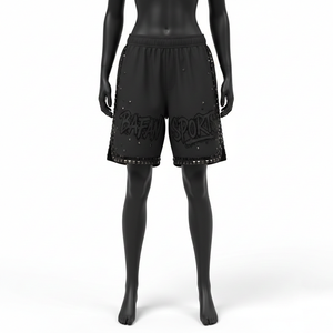 Shorts de baño para mujer premium, 220 GSM, poliéster y spandex, secado rápido, paneles laterales de malla negra, logo con pedrería. - Product Image 1