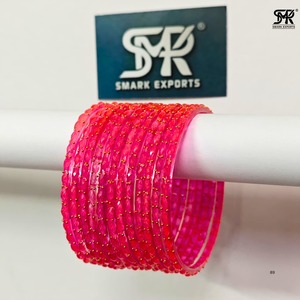 Trendy Hot Pink Glass <b>Bangles</b> Set Gold Beaded <b>Indian</b> Traditional Chudi Bridal Jewelry Stylish Women Fashion Bracelet - Product Image 5