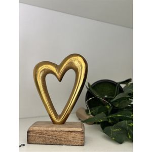 Sculpture de cœur en métal doré faite à la main avec base en bois, décoration de table moderne, figurine artistique romantique pour la maison, le salon, l'hôtel - Product Image 1